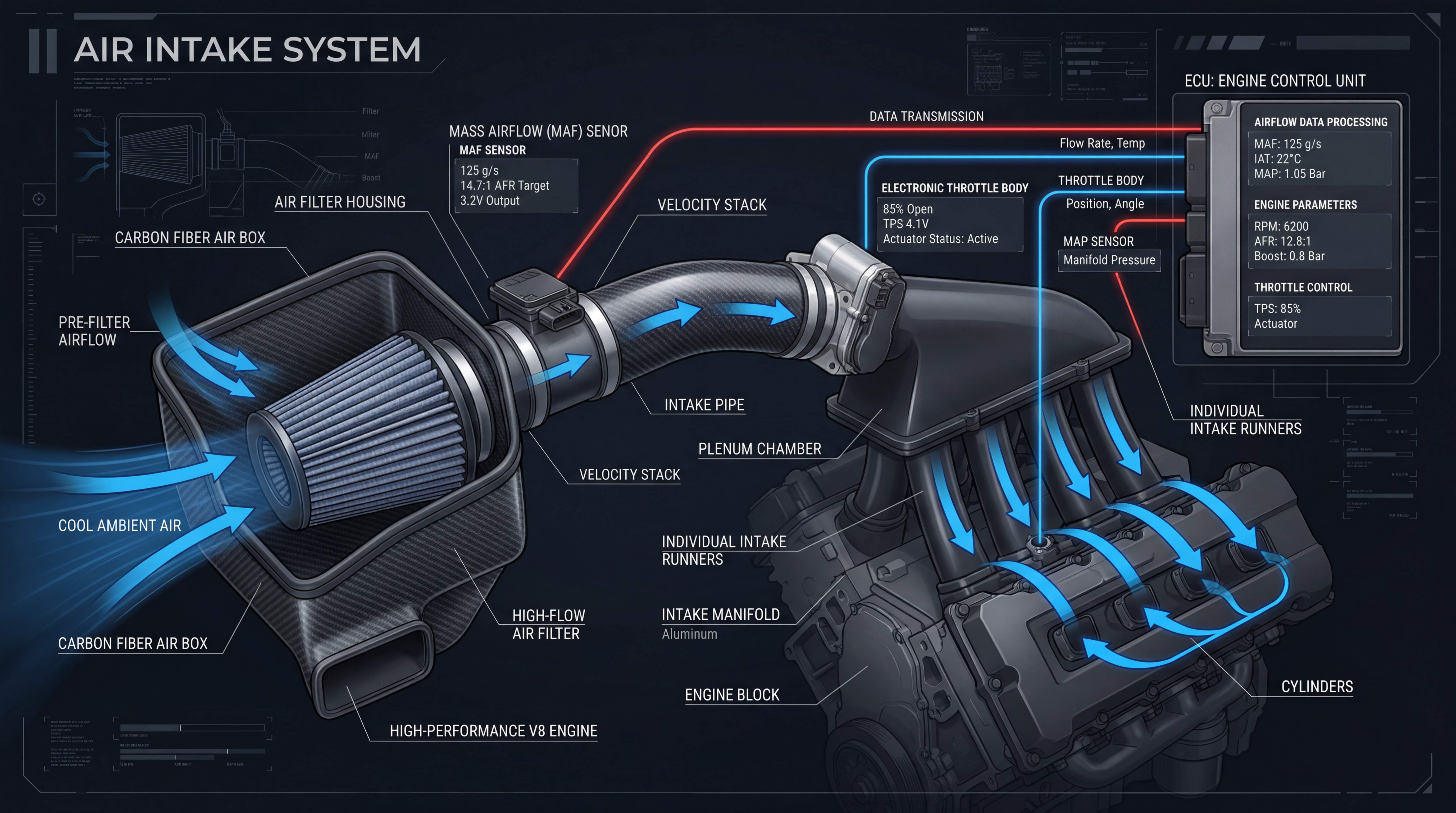 Air intake system diagram showing MAF sensor, MAP sensor, throttle body, ECU data processing and airflow control path